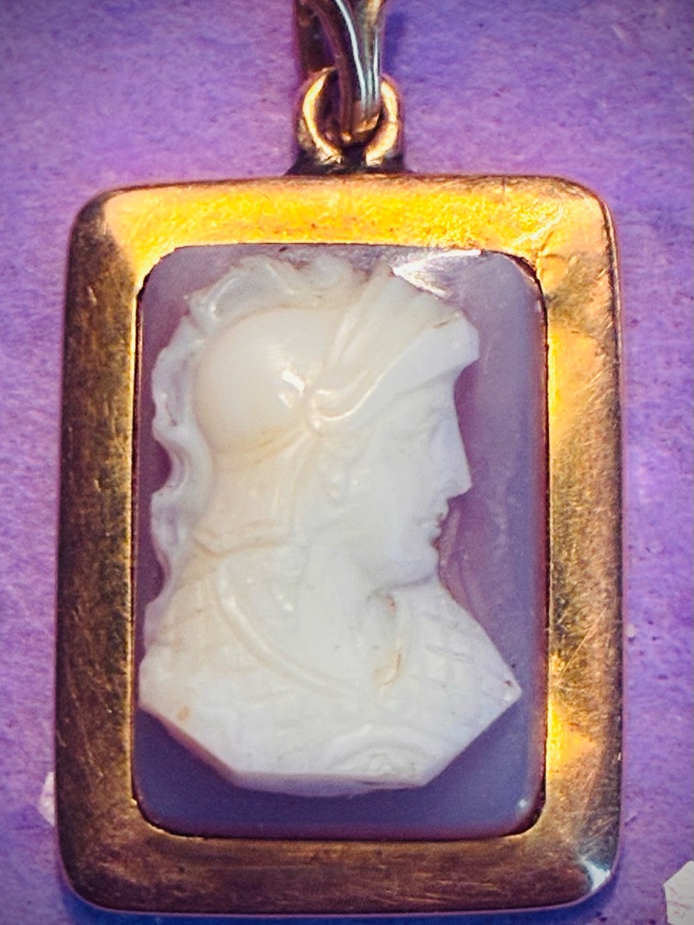 Vintage Gold Rectangular Pendant with White Cameo on Lavender Field